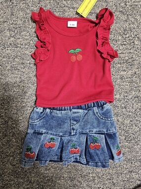 SHEIN Red Tank Top & Denim Cherry Skirt Matching Set